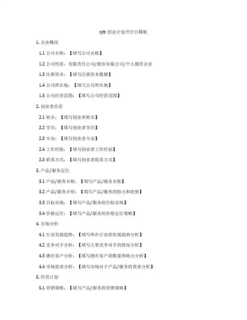syb创业计划书空白模板