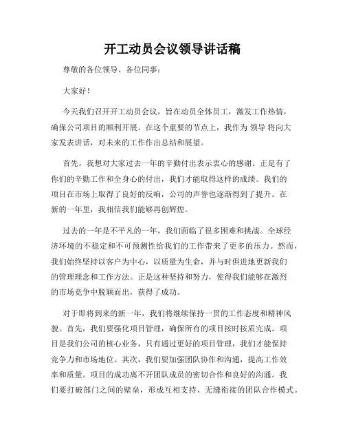 开工动员会议领导讲话稿