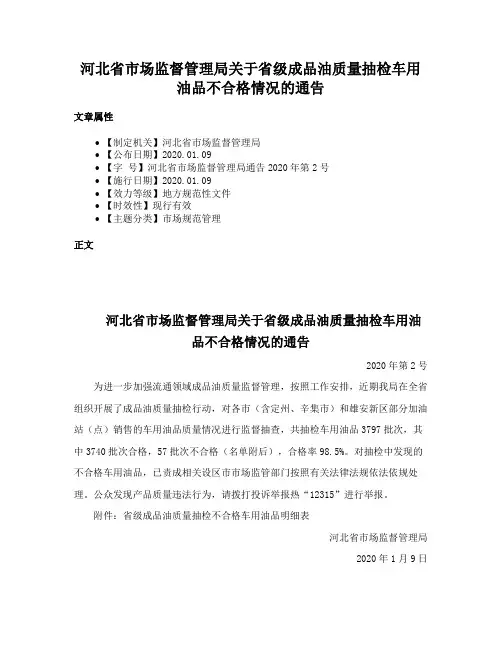 河北省市场监督管理局关于省级成品油质量抽检车用油品不合格情况的通告