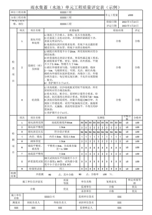 雨水集蓄(水池)单元工程质量评定表(示例)