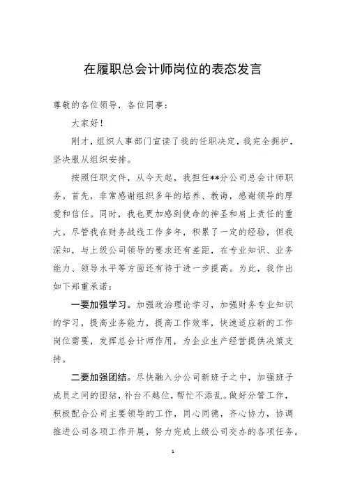 在履职总会计师岗位的表态发言