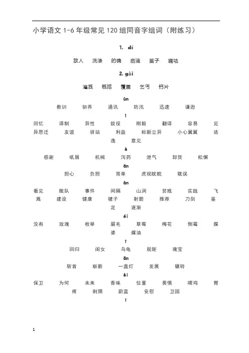 小学语文1-6年级常见120组同音字组词