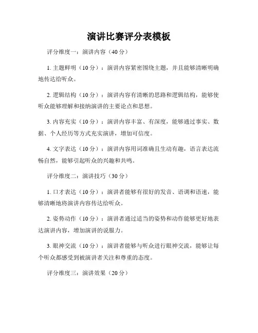 演讲比赛评分表模板