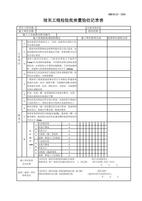 内墙抹灰工程质量验收记录表