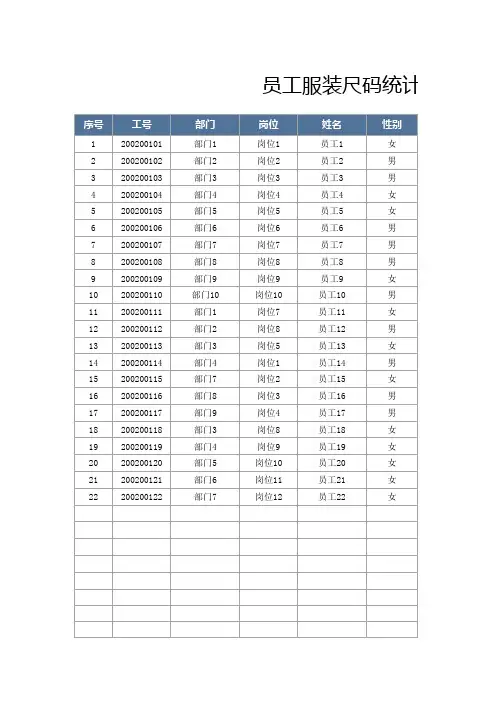 幼儿园学校公司部门员工校服工装颜色尺码统计表格excel模板文档 (3)