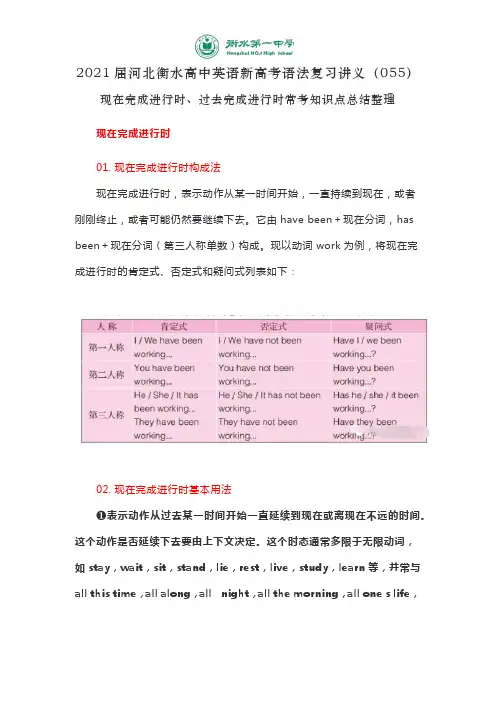 2021届河北衡水高中英语新高考语法复习讲义(055)现在完成进行时、过去完成进行时常考知识点总结整理