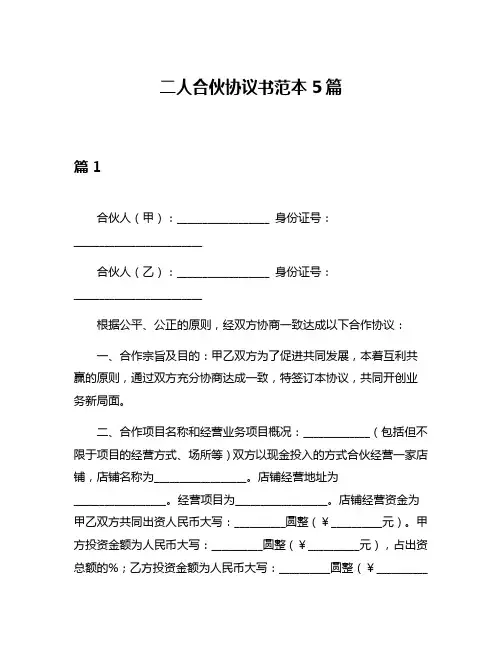 二人合伙协议书范本5篇