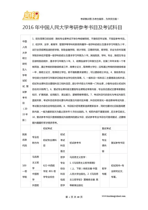 2016年中国人民大学考研参考书目及考试科目
