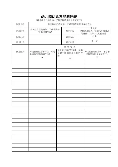 幼儿园幼儿发展测评表(能关注自己的身体,了解手脚的作用及保护方法)