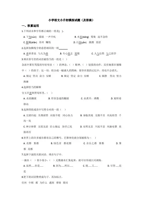 【15套试卷】杭州市小升初第一次模拟考试语文精选
