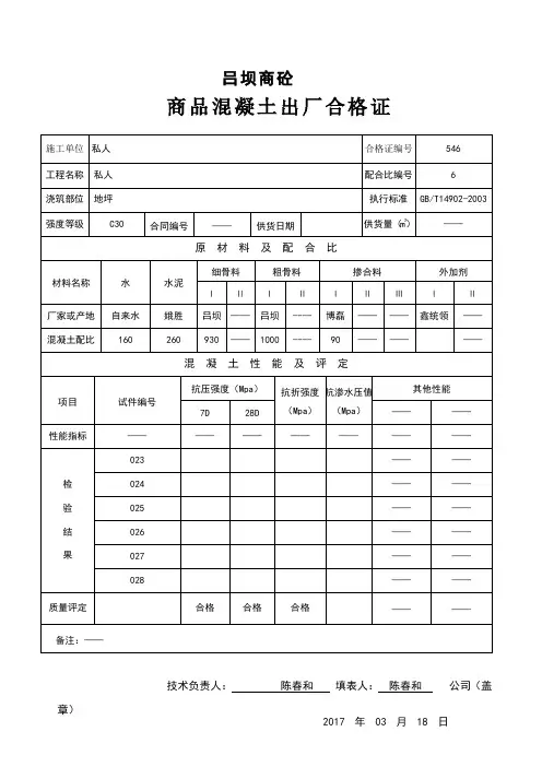 商品混凝土出厂合格证