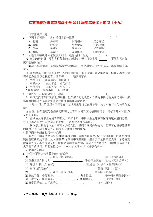 江苏省泰兴市第三高级中学高三语文小练习(十九)