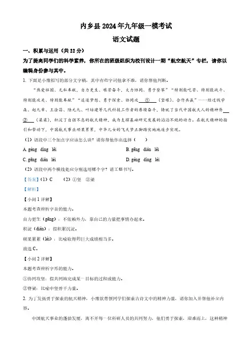 2024年河南省内乡县中考一模语文试题(解析版)