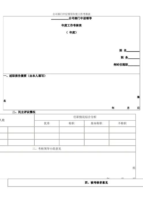 公司部门中层领导年度工作考核表