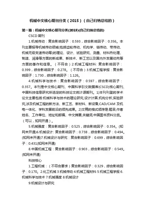 机械中文核心期刊分类（2015）（自己归纳总结的）