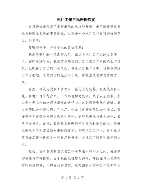 电厂工作自我评价范文