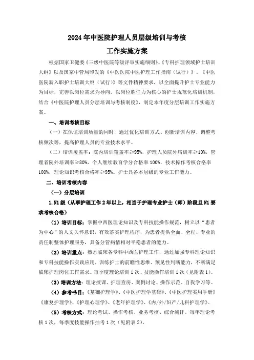 中医院护理人员层级培训与考核工作实施方案