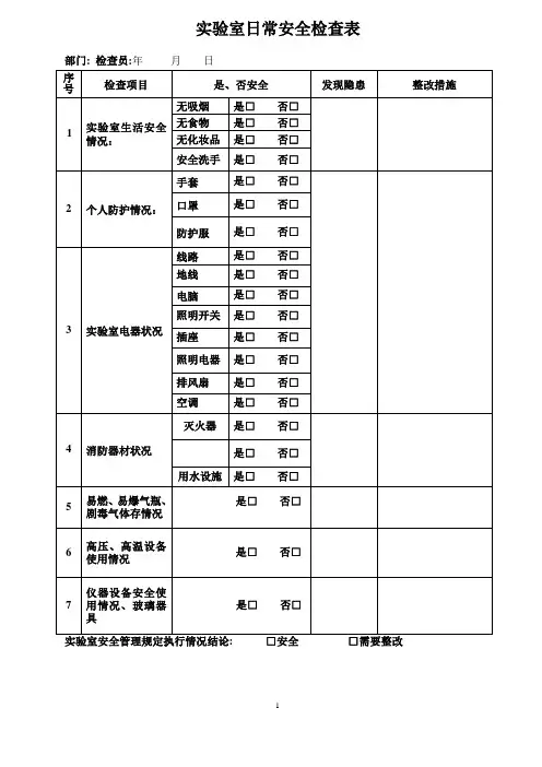 实验室日常安全自查记录表
