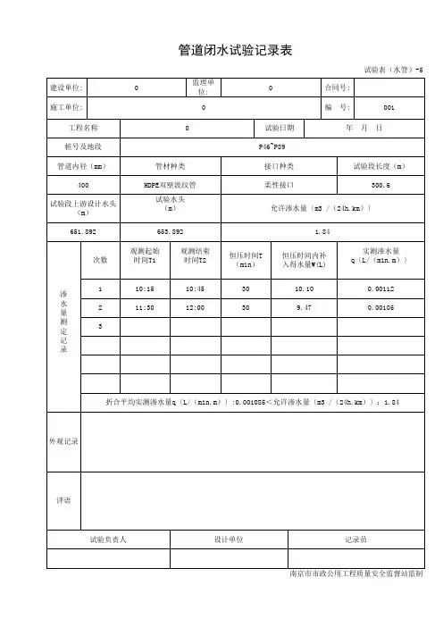 管道闭水试验记录表
