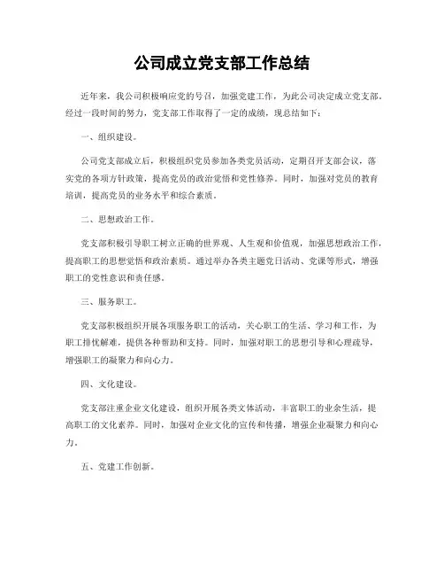 公司成立党支部工作总结
