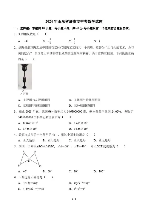 2024年山东省济南市中考数学真题(无答案)