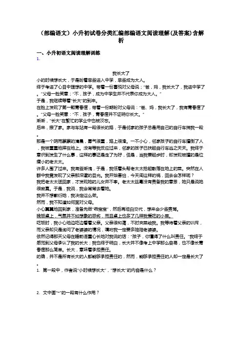 小升初(部编语文)小升初试卷分类汇编部编语文阅读理解(及答案)含解析