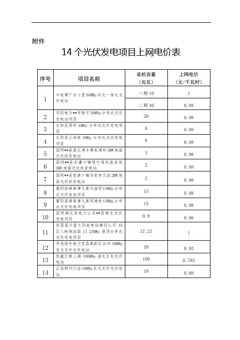 14个光伏发电项目上网电价表【模板】