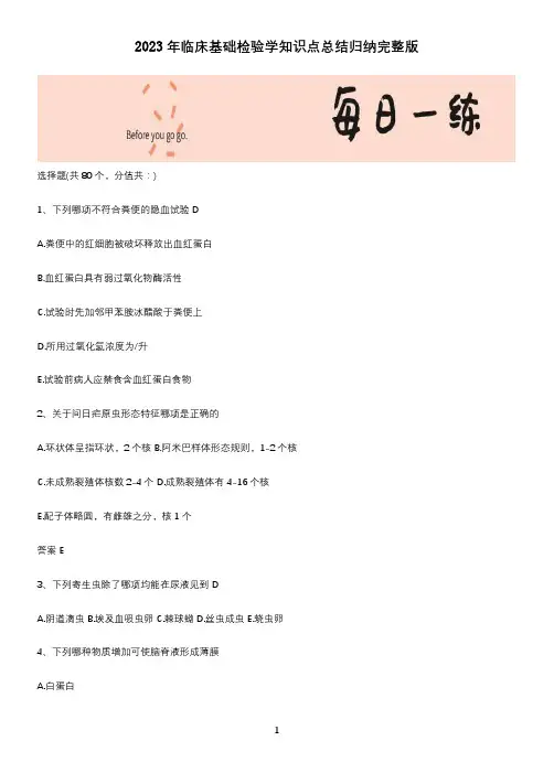 2023年临床基础检验学知识点总结归纳完整版