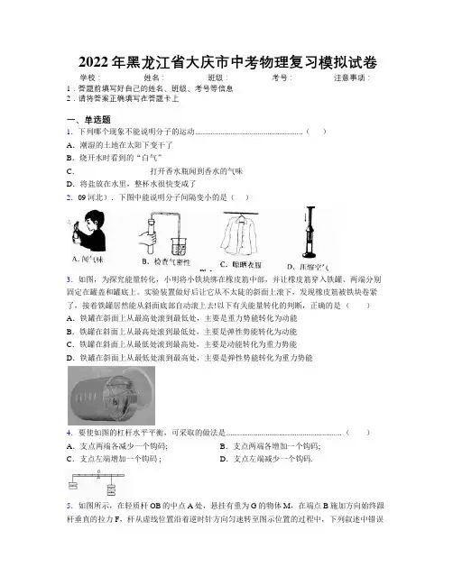 2022年黑龙江省大庆市中考物理复习模拟试卷附解析