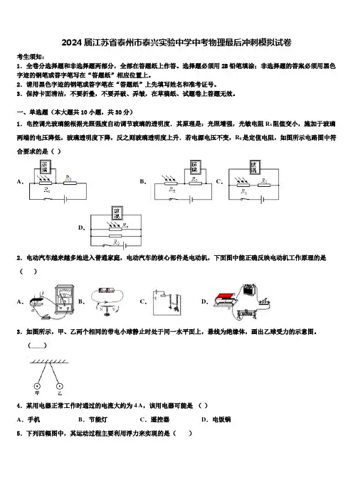 2024届江苏省泰州市泰兴实验中学中考物理最后冲刺模拟试卷含解析