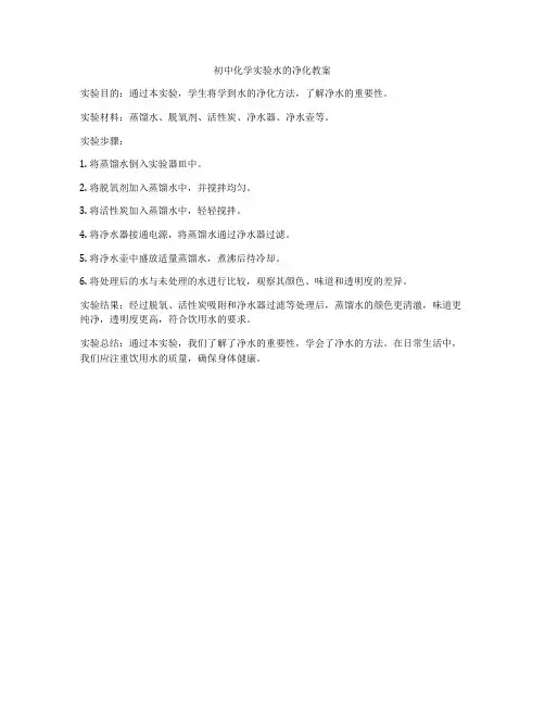 初中化学实验水的净化教案