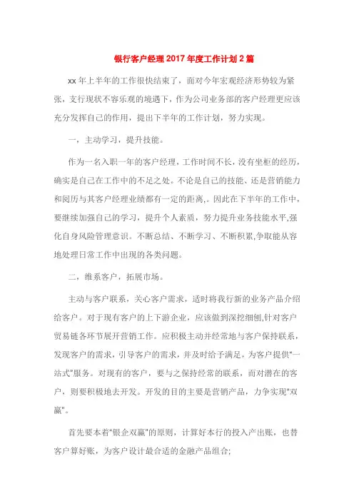 银行客户经理2017年度工作计划2篇