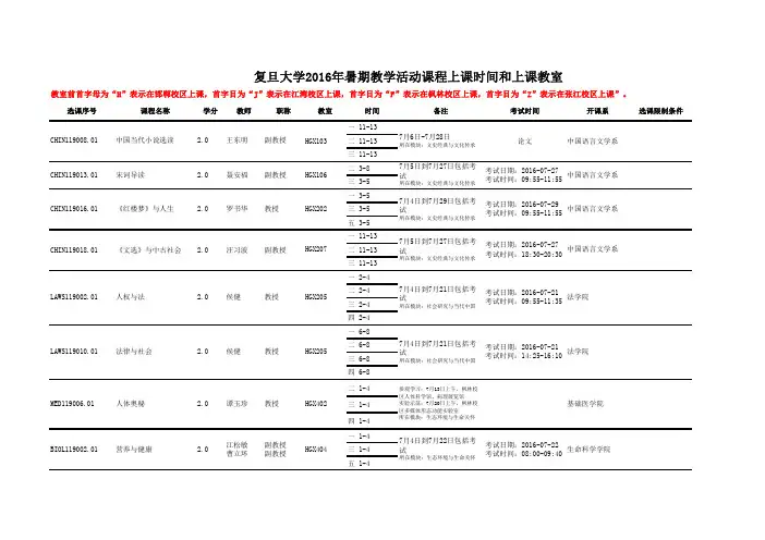复旦大学2016年暑期教学活动课程上课时间和上课教室