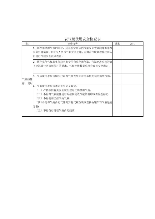 表气瓶使用安全检查表