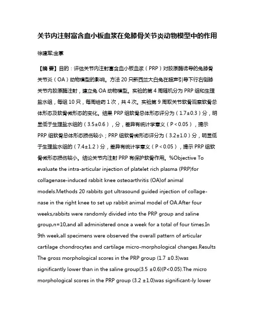 关节内注射富含血小板血浆在兔膝骨关节炎动物模型中的作用