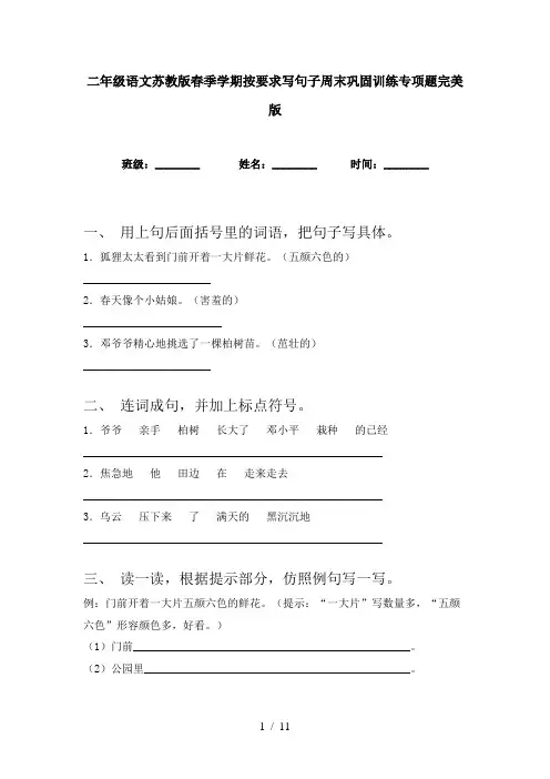 二年级语文苏教版春季学期按要求写句子周末巩固训练专项题完美版