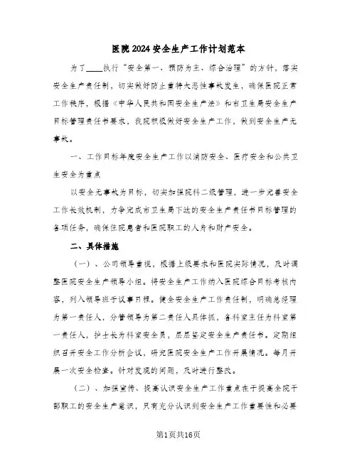 医院2024安全生产工作计划范本(6篇)