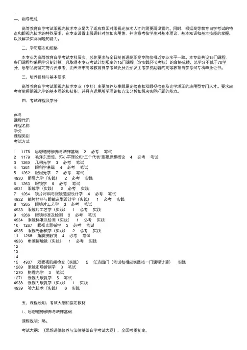 天津2012年自考眼视光技术专业（专科）考试计划