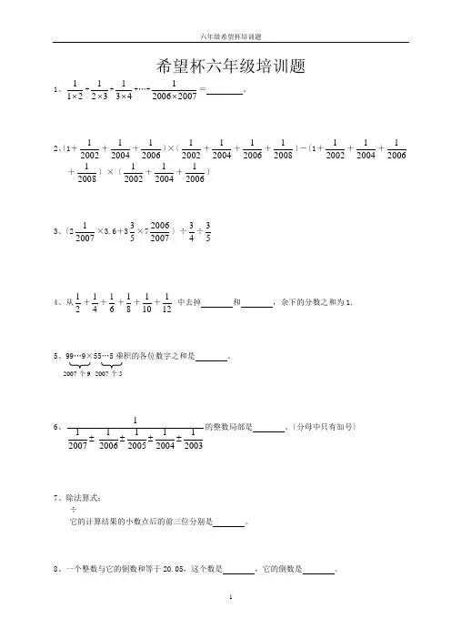 六年级希望杯培训试题100题