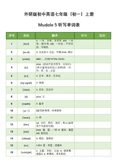 外研版初中英语七年级(初一)上册Mudole 5听写单词表