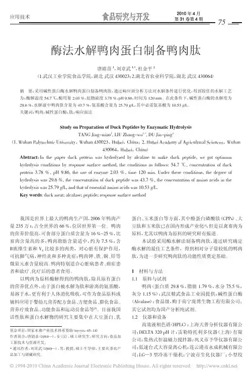 酶法水解鸭肉蛋白制备鸭肉肽