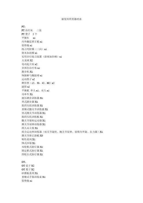 康复科所需器材表