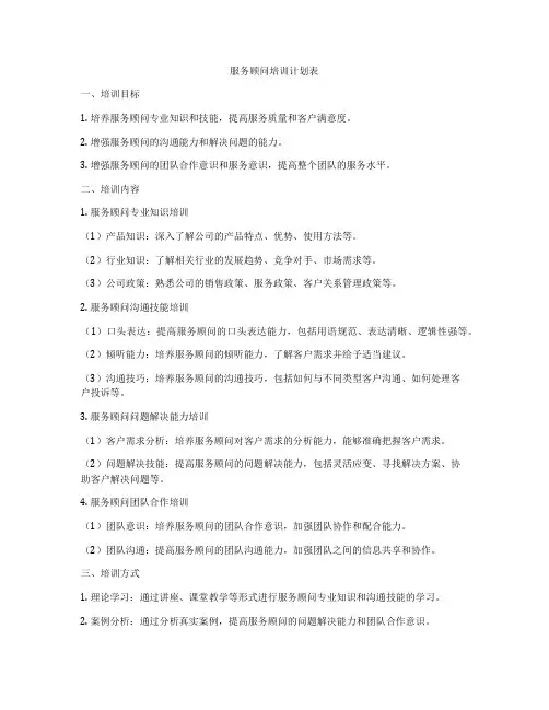 服务顾问培训计划表