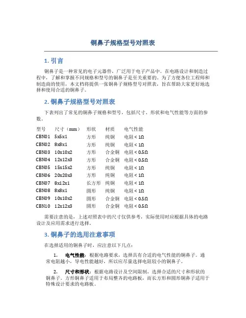 铜鼻子规格型号对照表