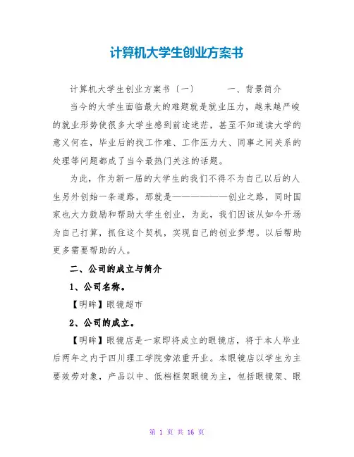 计算机大学生创业计划书