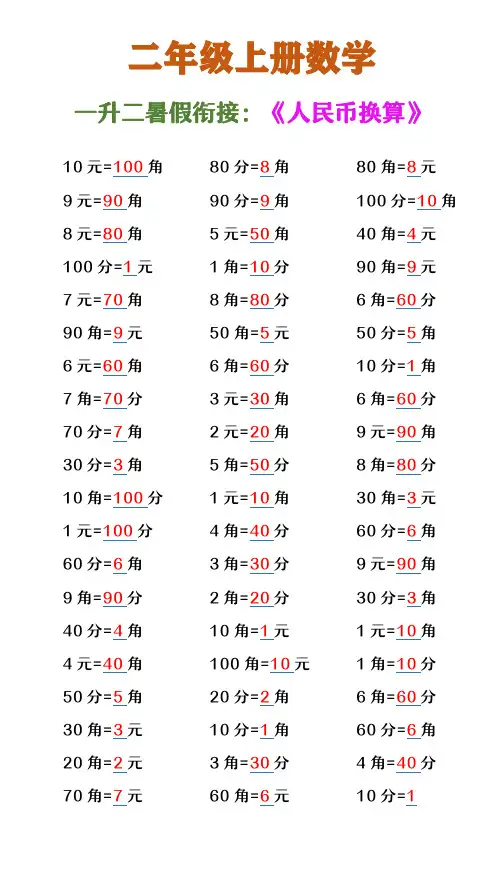 小学二年级上册数学 《人民币换算》