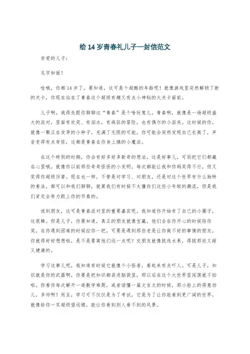 给14岁青春礼儿子一封信范文