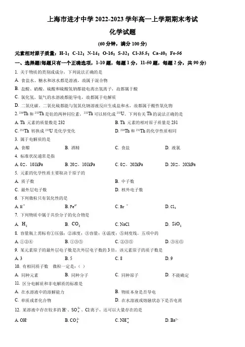 2022-2023学年上海市进才中学高一上学期期末考试化学试卷含详解