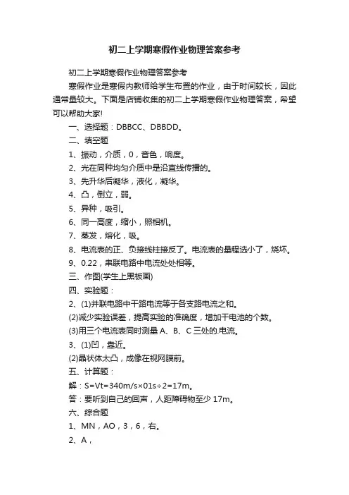 初二上学期寒假作业物理答案参考