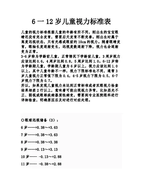 6一12岁儿童视力标准表